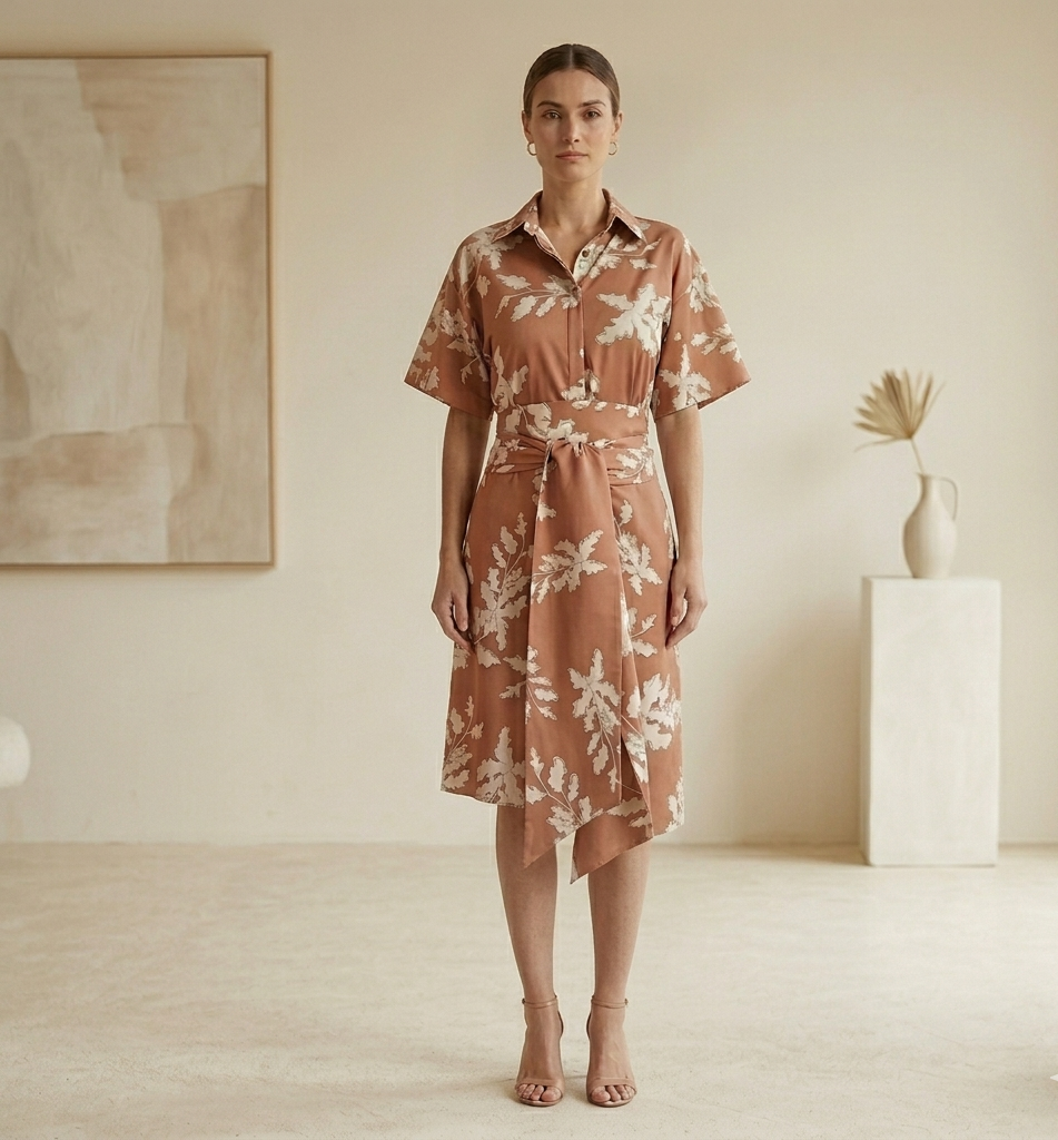 PINKFILOSOFY- Oak Leaf Printed Shirt Dress 2 Pieces- Sz M