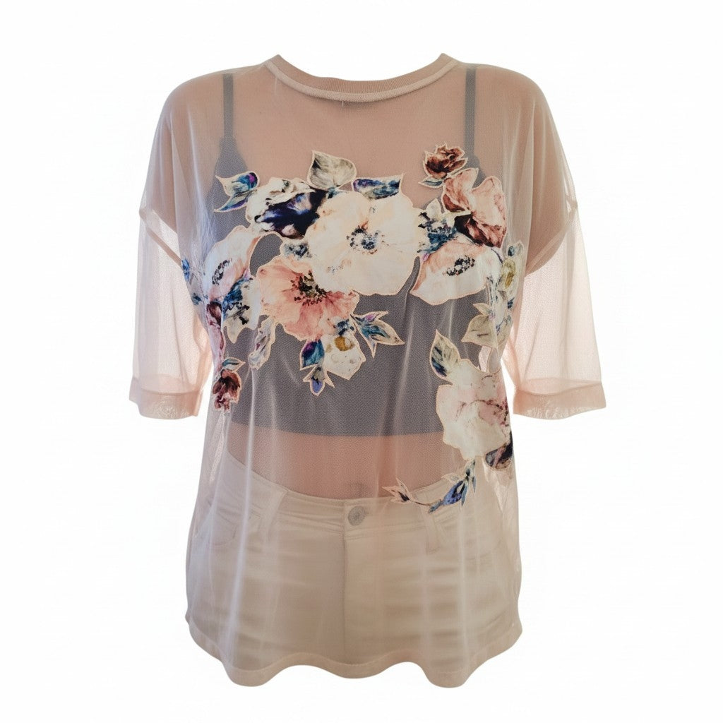 AllSaints-Sheer Floral Mesh Overlay Blouse- Sz M