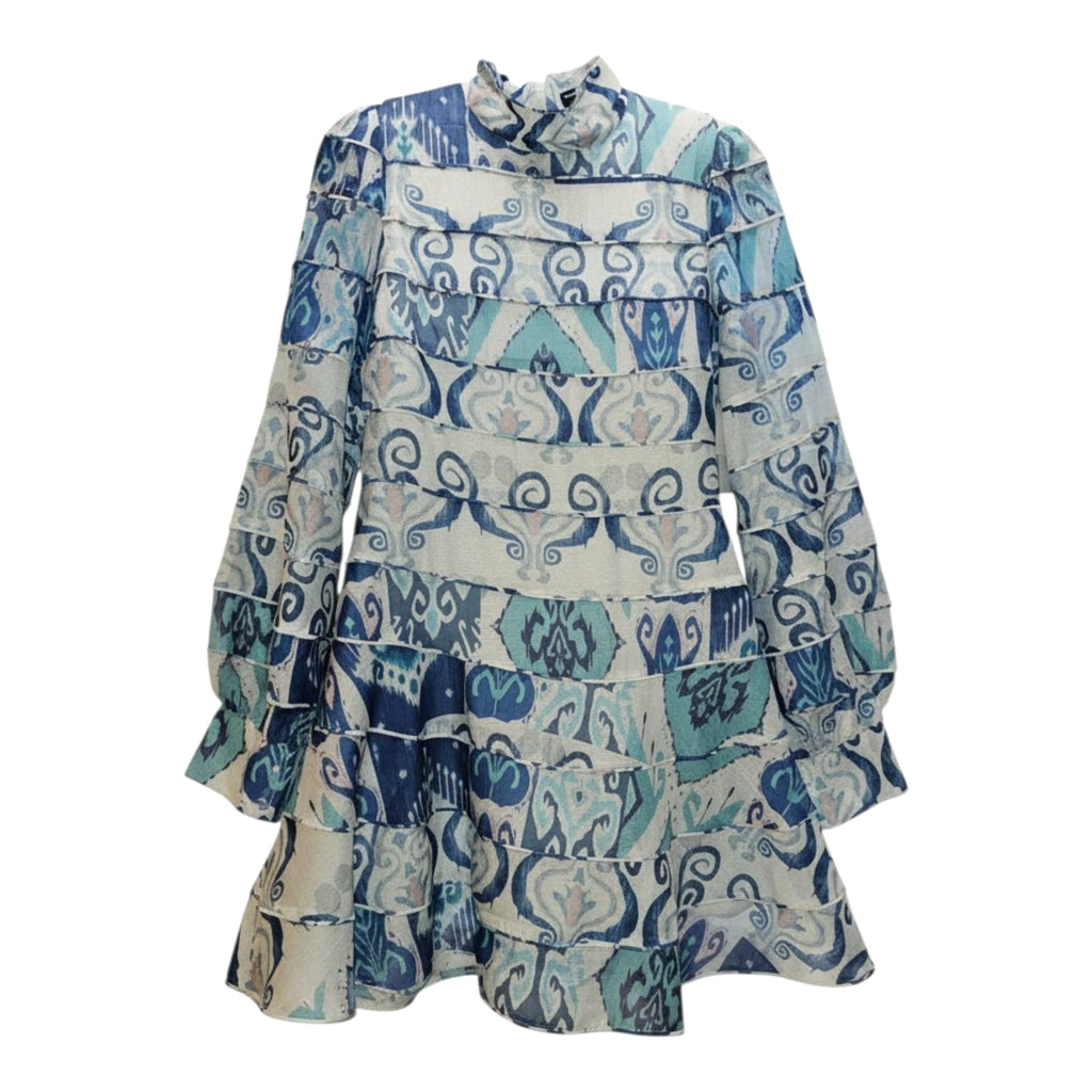 Beulah Style High-Neck Tiered Mini Dress Blue Mosaic Print - Size S