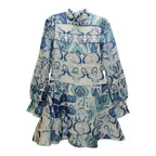 Beulah Style High-Neck Tiered Mini Dress Blue Mosaic Print - Size S