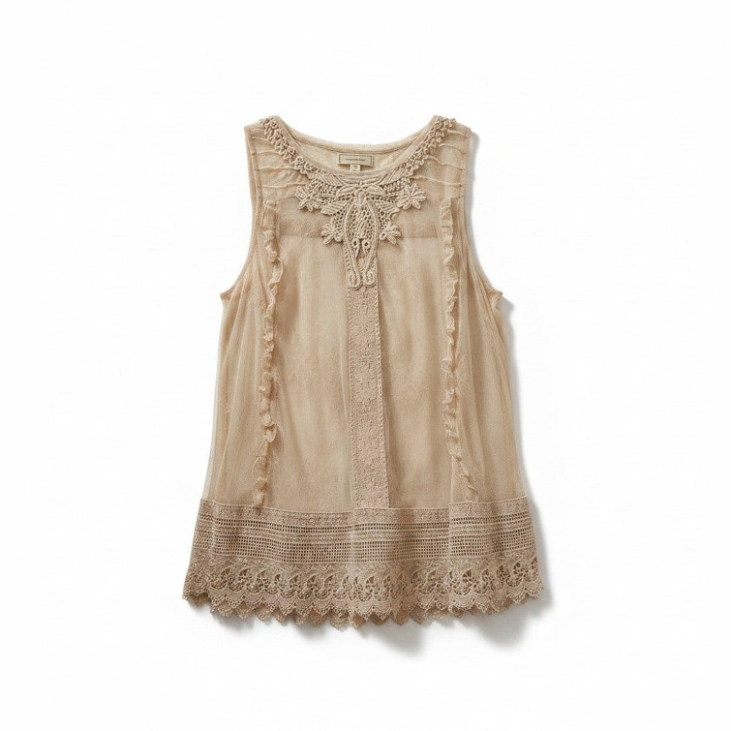MOULINETTE SOEURS- Sleeveless Lace & Tulle Blouse in Beige - Size 12