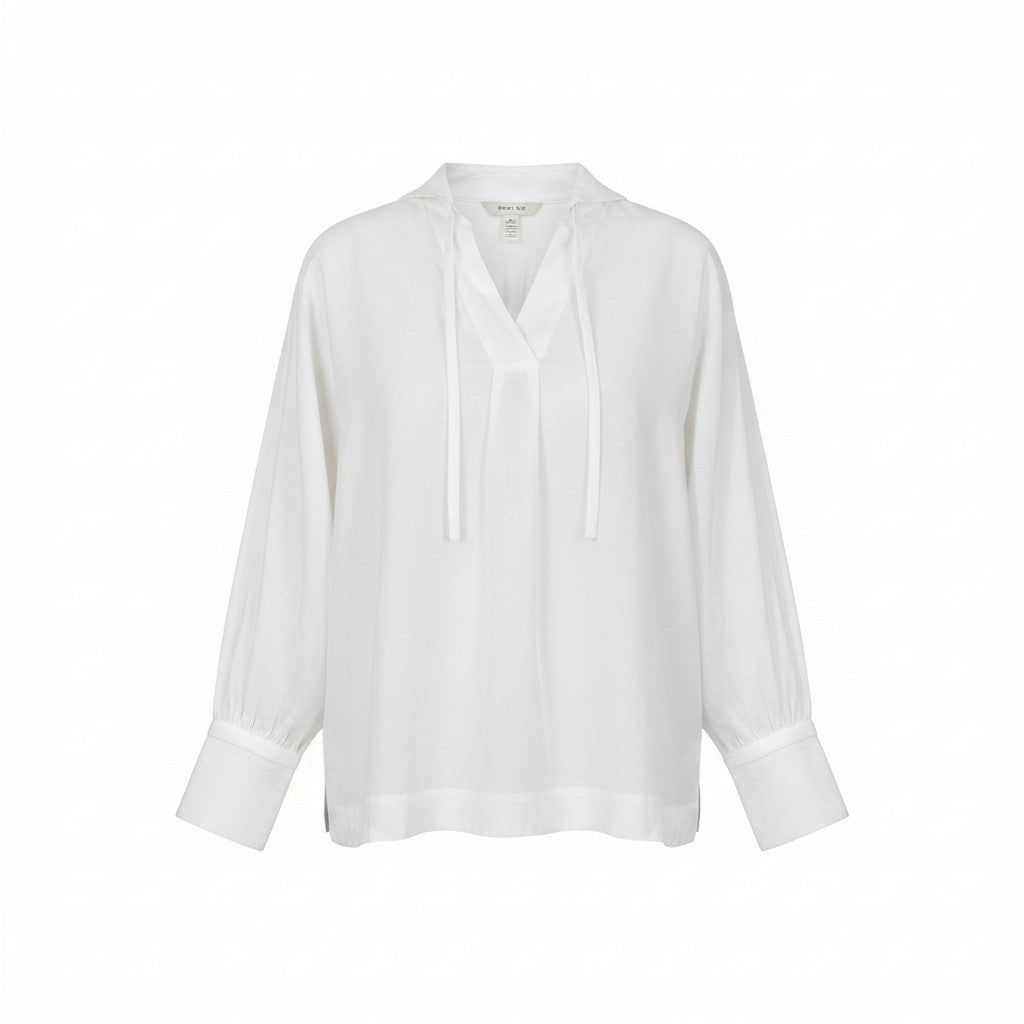 HANA SAN- Tie-Neck Long Sleeve Blouse in White - Size M
