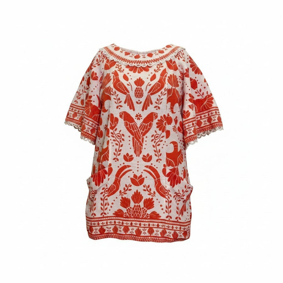 FARM RIO- Embroidered Tropical Bird Mini Dress / Tunic in Terracotta - Size XL