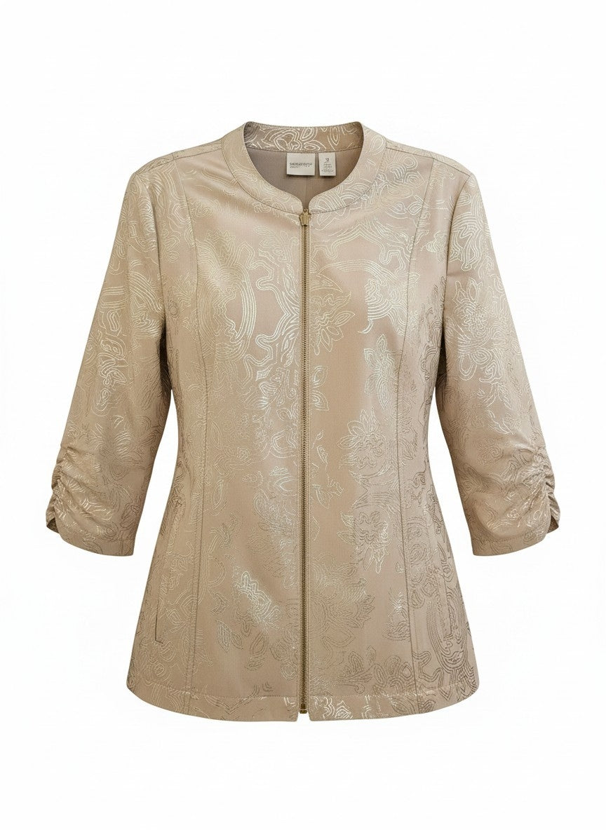 Zenergy by Chico’s- Metallic Jacquard Ruched-Sleeve Zip Jacket- Size 2US