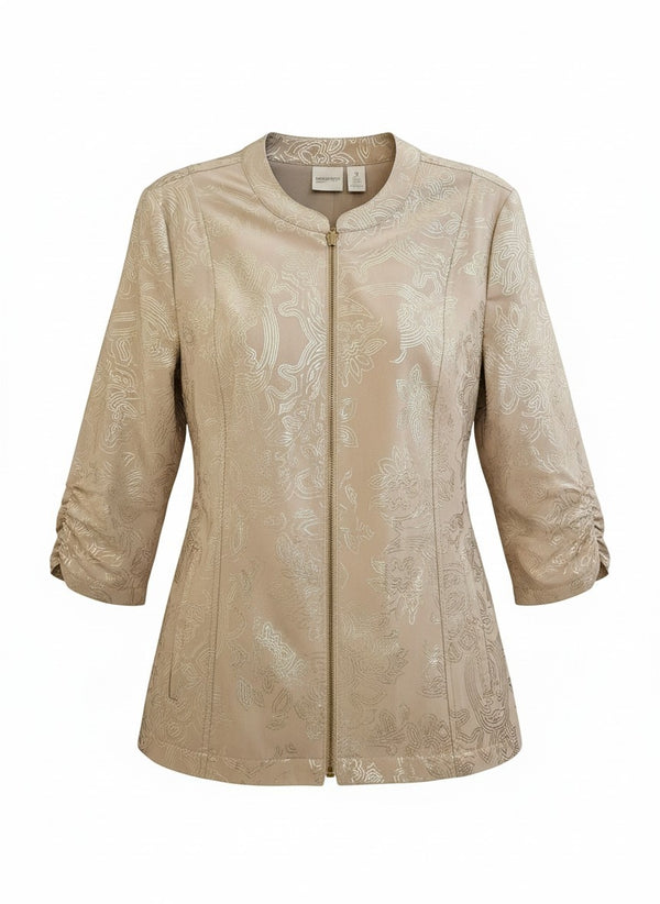 Zenergy by Chico’s- Metallic Jacquard Ruched-Sleeve Zip Jacket- Size 2US
