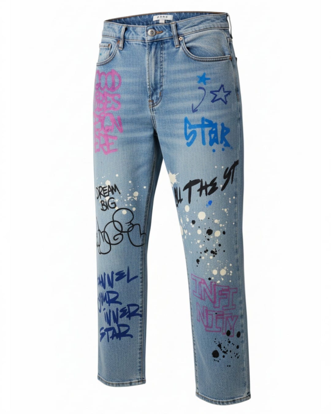 SONG High-Rise Graffiti Print Straight-Leg Jeans in Light Wash- Size 7/28