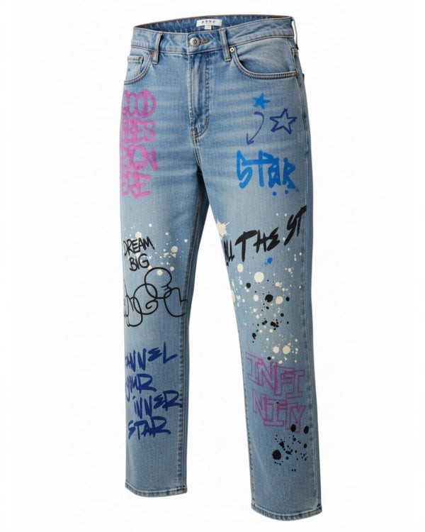 SONG High-Rise Graffiti Print Straight-Leg Jeans in Light Wash- Size 7/28