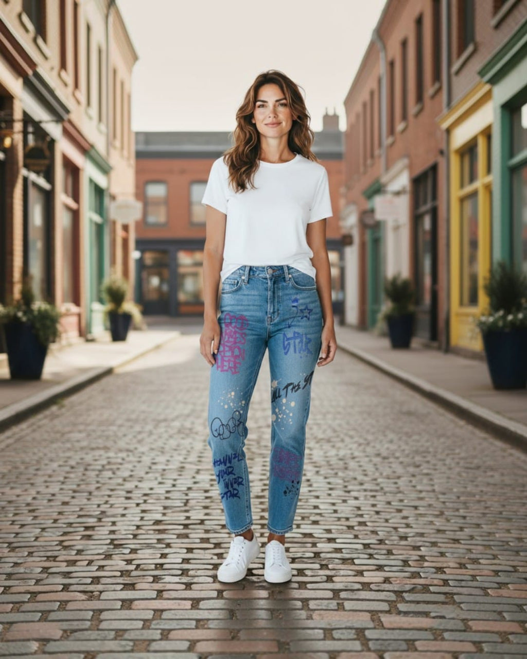 SONG High-Rise Graffiti Print Straight-Leg Jeans in Light Wash- Size 7/28