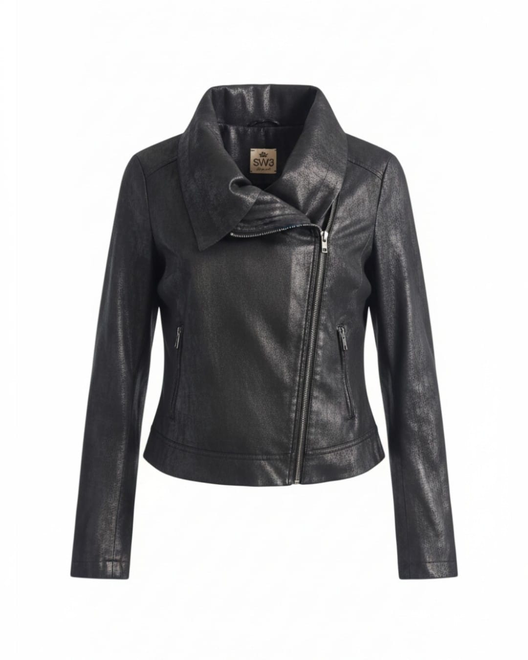 SW3 Asymmetrical Zip Metallic Coated Biker Jacket in Charcoal-Size Medium