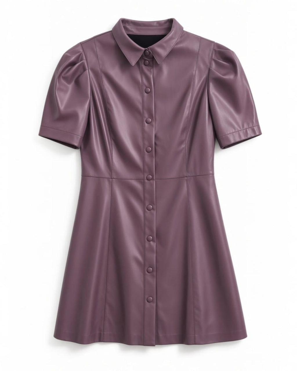 Karlie Faux Leather Puff-Sleeve Button-Front Mini Dress in Mauve- Size Large