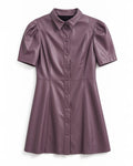 Karlie Faux Leather Puff-Sleeve Button-Front Mini Dress in Mauve- Size Large