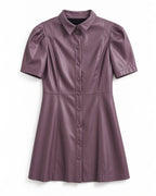 Karlie Faux Leather Puff-Sleeve Button-Front Mini Dress in Mauve- Size Large