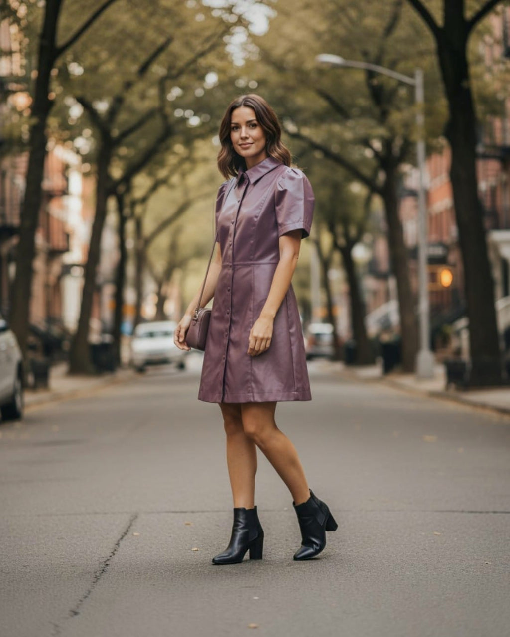 Karlie Faux Leather Puff-Sleeve Button-Front Mini Dress in Mauve- Size Large