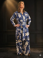 Pinkfilosofy 3-Piece Printed Button-Down, Wide-Leg Pant & Sash Set in Slate Blue - Size M
