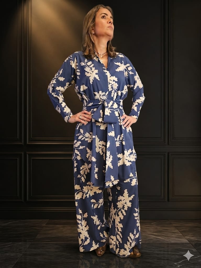 Pinkfilosofy 3-Piece Printed Button-Down, Wide-Leg Pant & Sash Set in Slate Blue - Size M