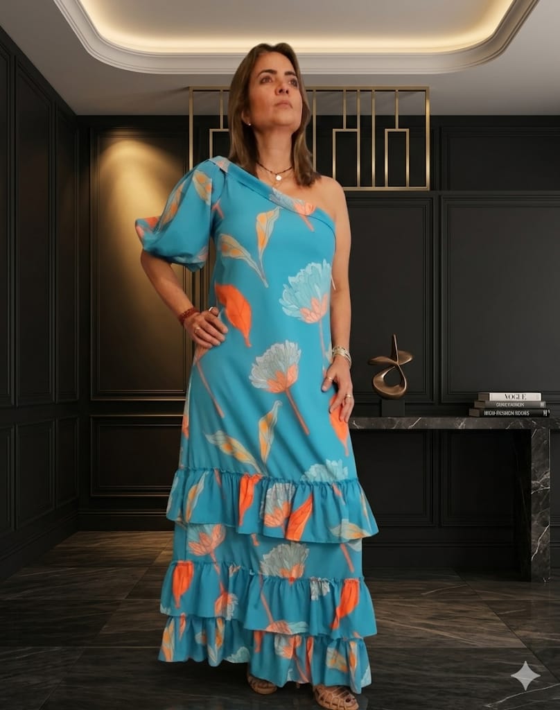 MUST One-Shoulder Tiered Maxi Dress in Cerulean Floral - Size M-New with Tag (NWT)