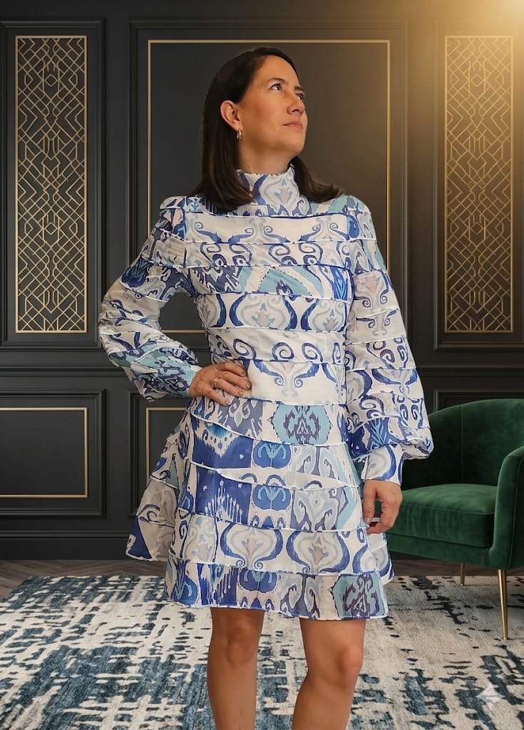 Beulah Style High-Neck Tiered Mini Dress Blue Mosaic Print - Size S