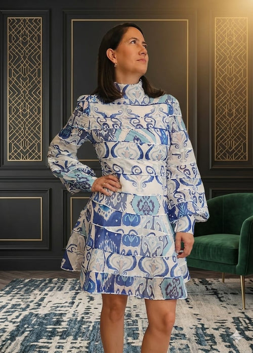 Beulah Style High-Neck Tiered Mini Dress Blue Mosaic Print - Size S