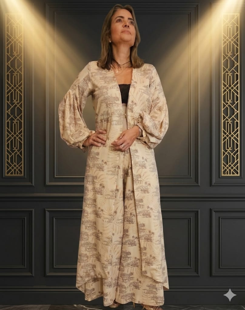 ITALA- 2-Piece Printed Duster Kimono & Wide-Leg Pant Set in Beige - Size M