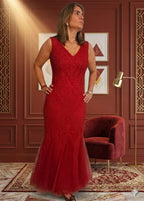 Cachet -V-Neck Lace and Tulle Mermaid Evening Gown- Size M