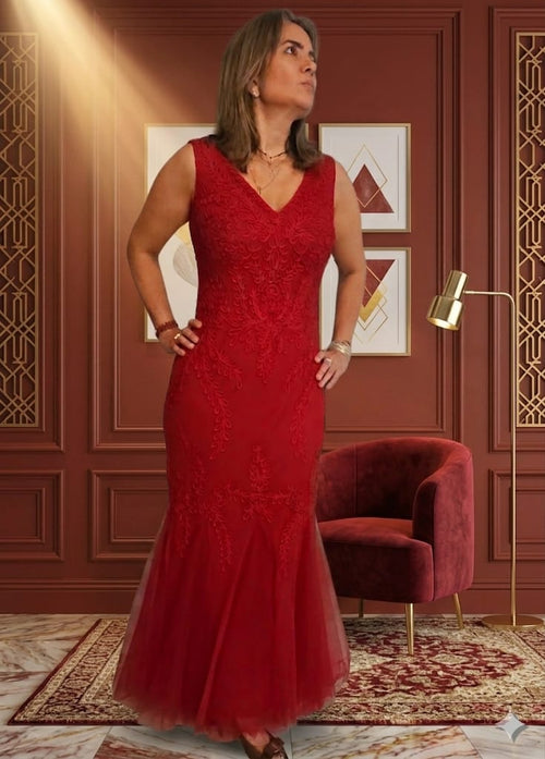 Cachet -V-Neck Lace and Tulle Mermaid Evening Gown- Size M