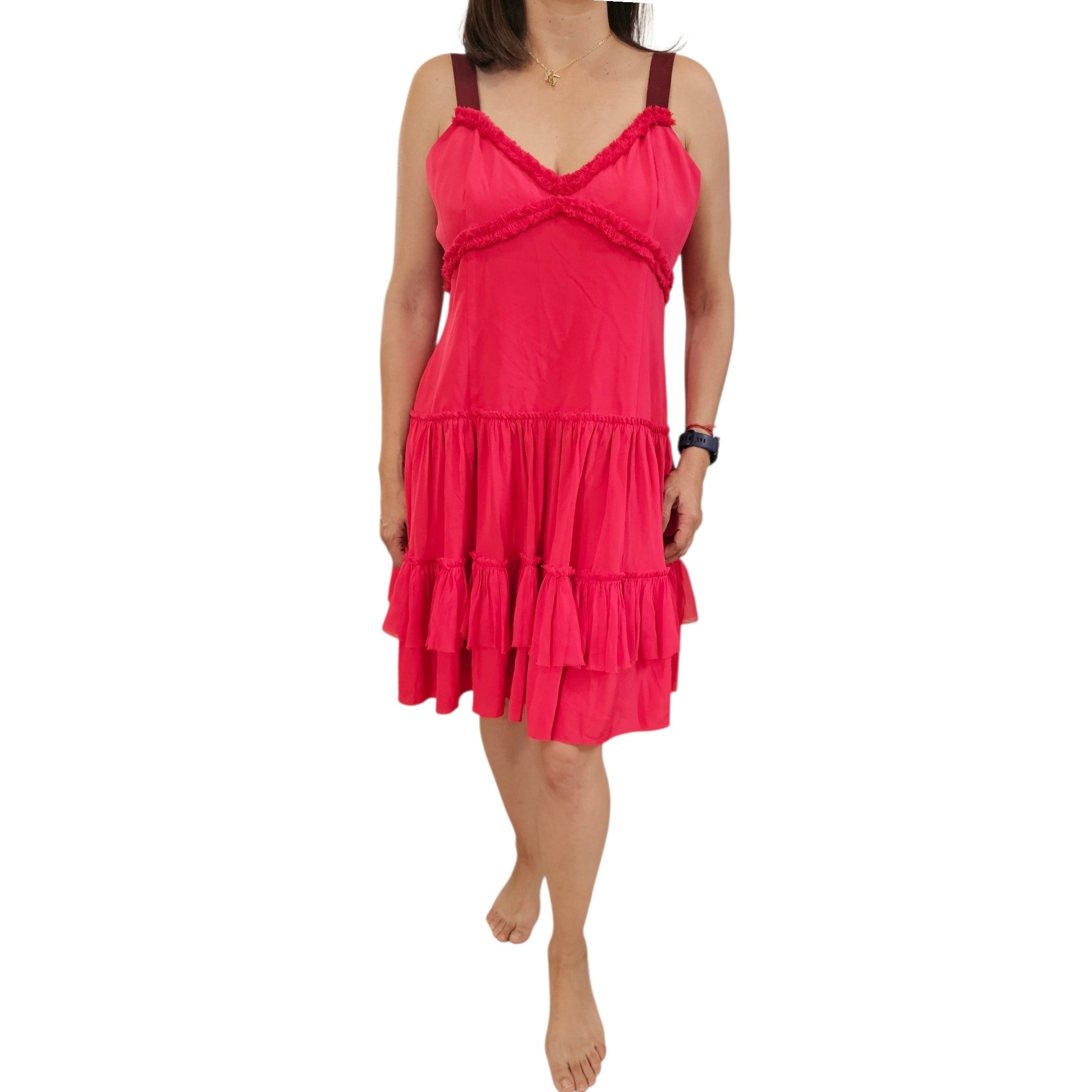 CINQ A SEPT-Tiered Mini Dress in Coral Red - Size 14 - NEW WITH TAG (NWT)