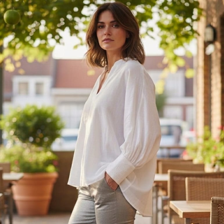 HANA SAN- Tie-Neck Long Sleeve Blouse in White - Size M
