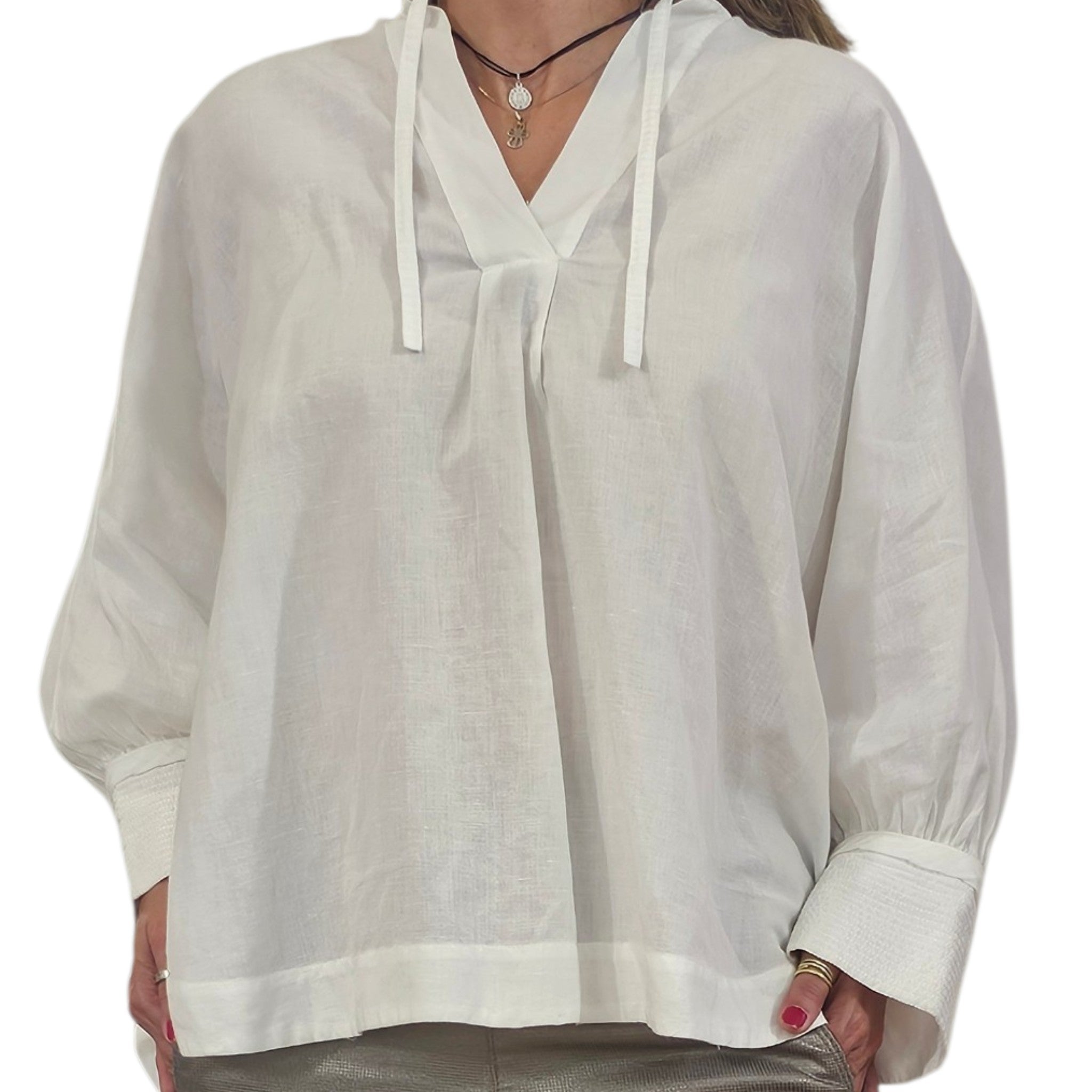 HANA SAN- Tie-Neck Long Sleeve Blouse in White - Size M