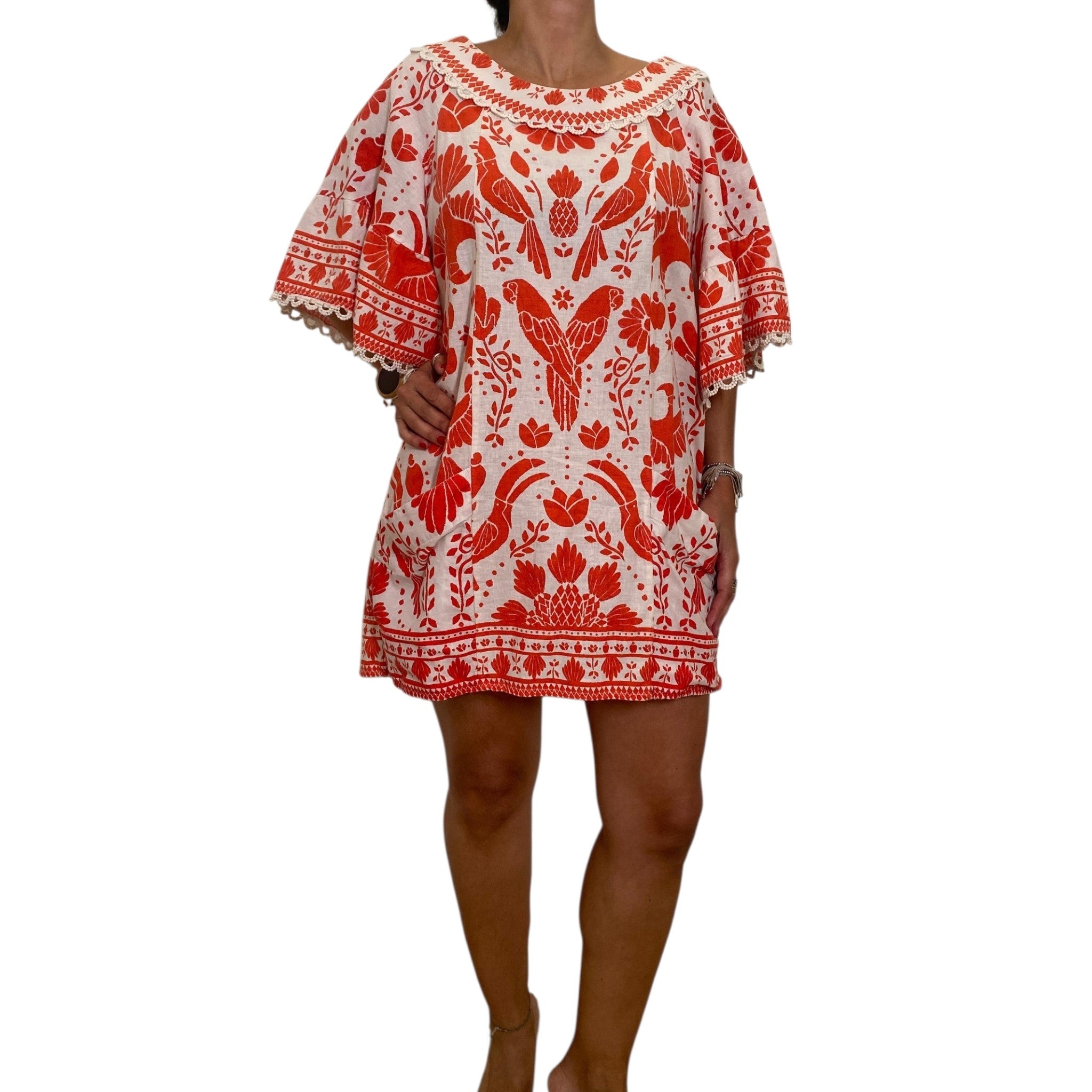 FARM RIO- Embroidered Tropical Bird Mini Dress / Tunic in Terracotta - Size XL