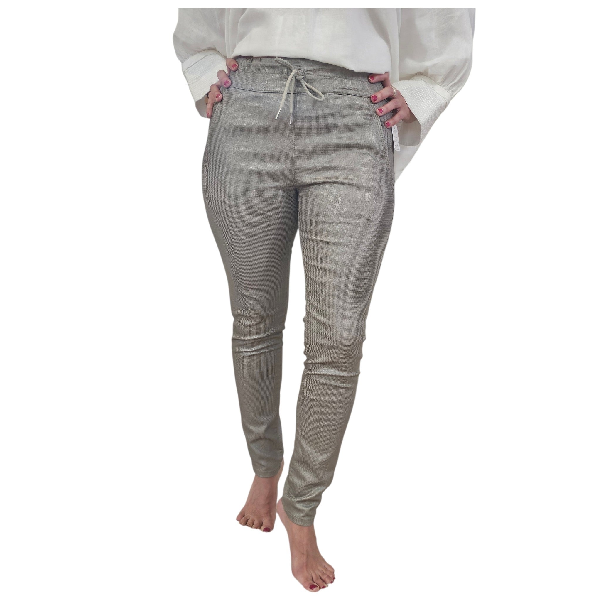 FLOG- Stretch Drawstring Skinny Pants in Metallic Sage - Size 26