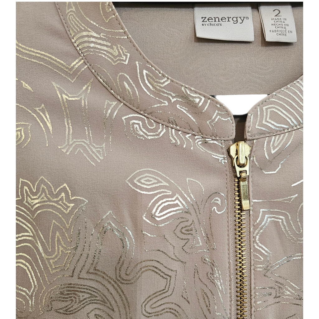 Zenergy by Chico’s- Metallic Jacquard Ruched-Sleeve Zip Jacket- Size 2US