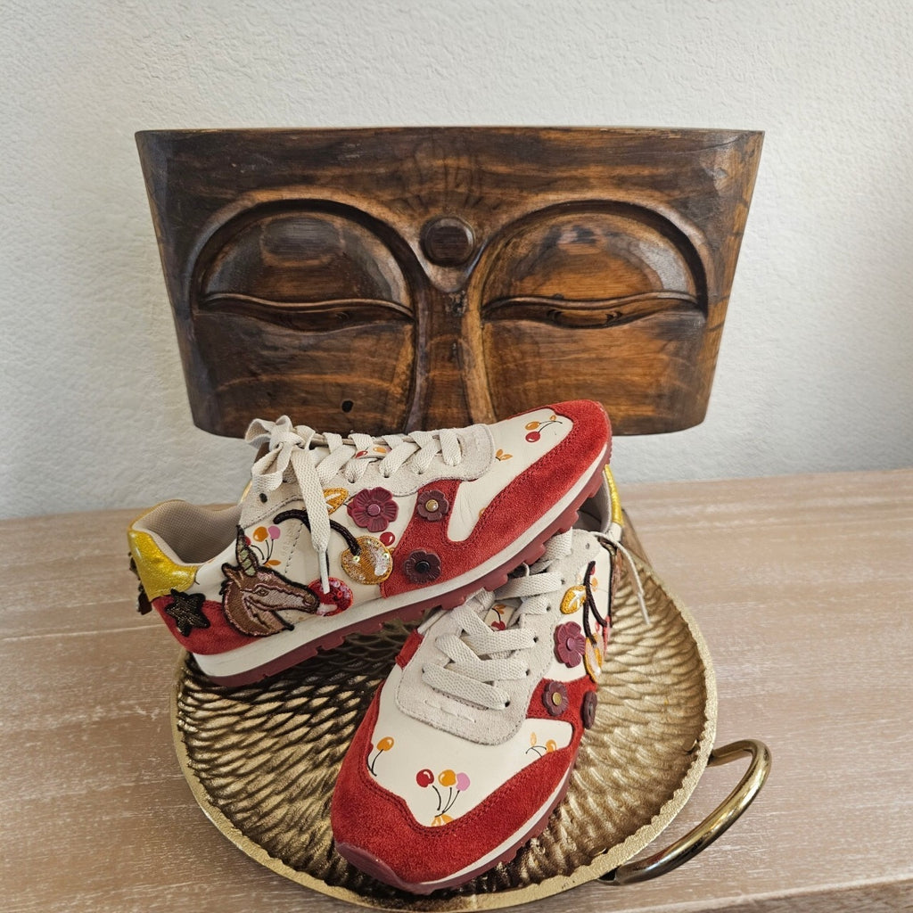Coach -Cherry Print Suede & Leather Sneakers- Size 7B/ 37.5