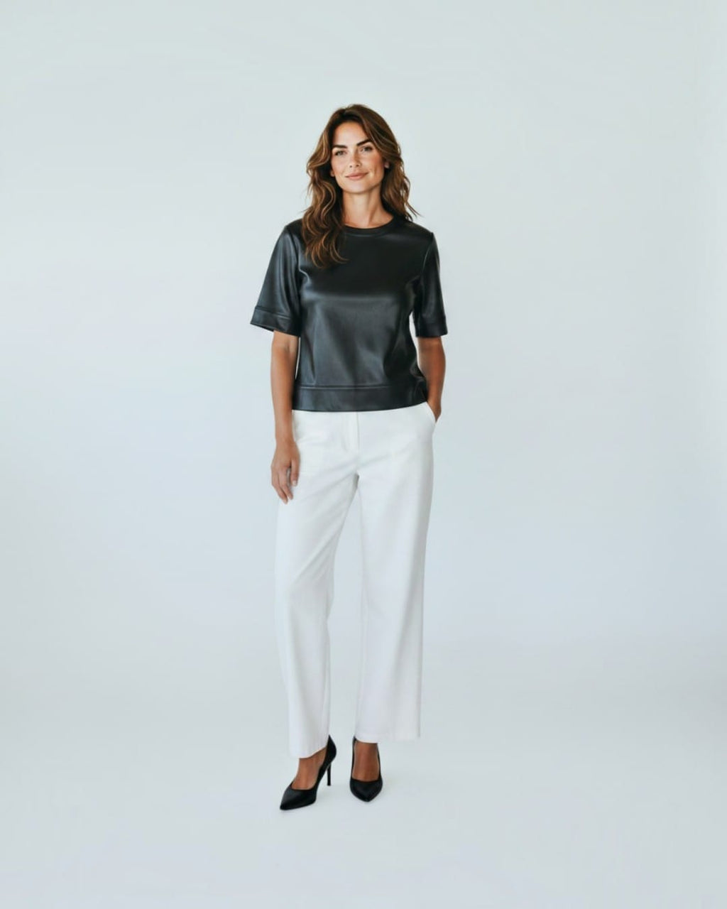 LOFT- Faux Leather Short-Sleeve Shell – Black / Size S
