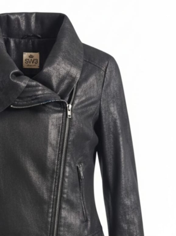 SW3 Asymmetrical Zip Metallic Coated Biker Jacket in Charcoal-Size Medium