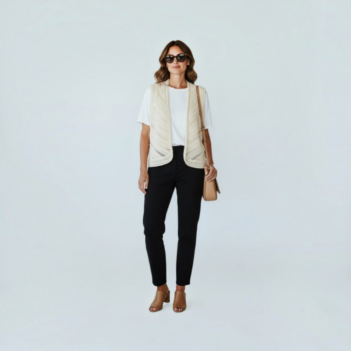 Suncoo Paris Open-Front Knit Crochet Vest in Cream / Size 2 (Medium)