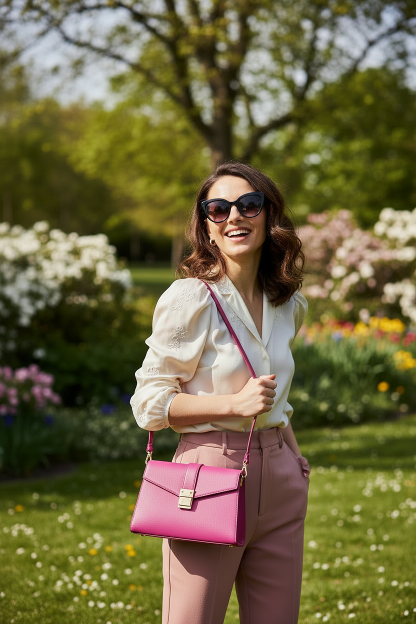 Mujer con cartera, camisa y lentes en el parque